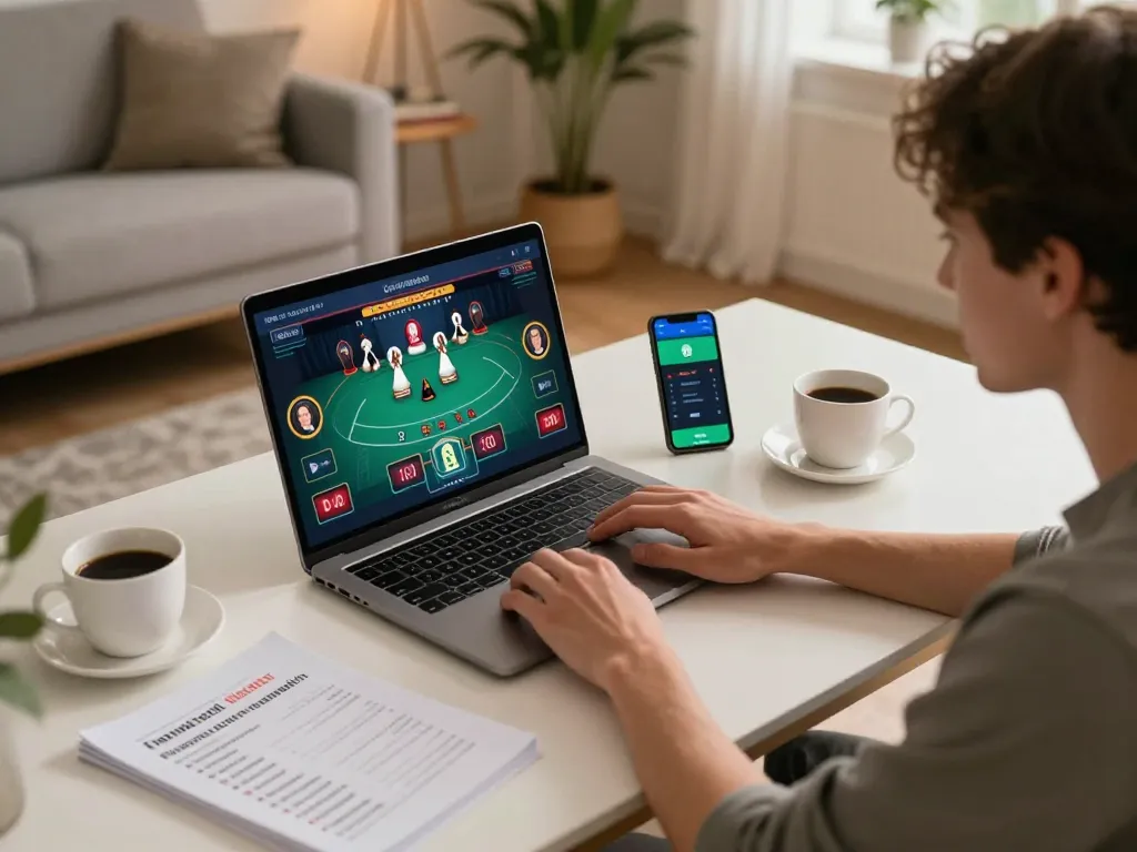 Player engaging in a live dealer game on RR88, featuring strategic betting notes and a cozy gaming setup