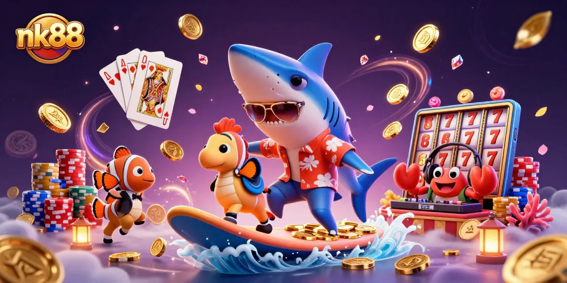 Experience thrilling wins at nk88 while the shark surfs on coins with vibrant casino elements!