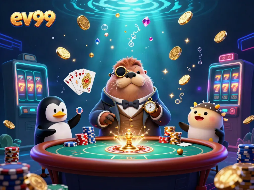 Play and win at EV99 with a jolly walrus, dealer penguin, and bluffing pufferfish in a vibrant underwater casino.
