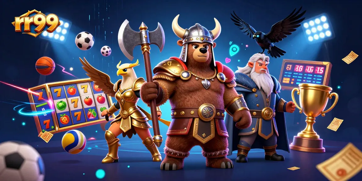 Experience thrilling gameplay with rr99 in this vibrant casino scene featuring a Viking bear and Valkyrie eagle.