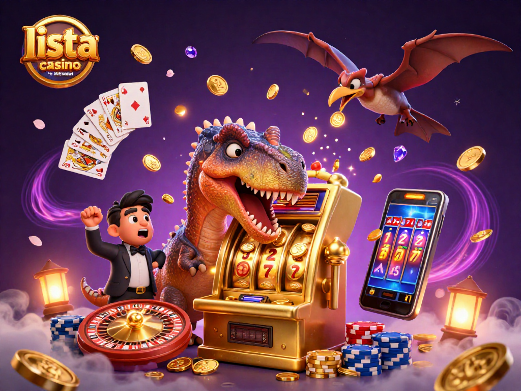 Gioco alla lista casino online non AAMS con dinosauri e macchine slot, un'illustrazione vivace.