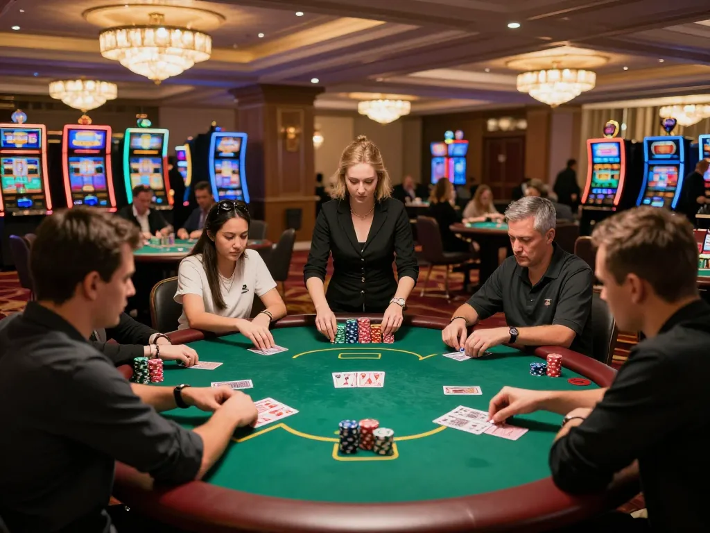 Excited players engaging in poker at an upscale casino, showcasing lc 88's thrilling gambling environment.