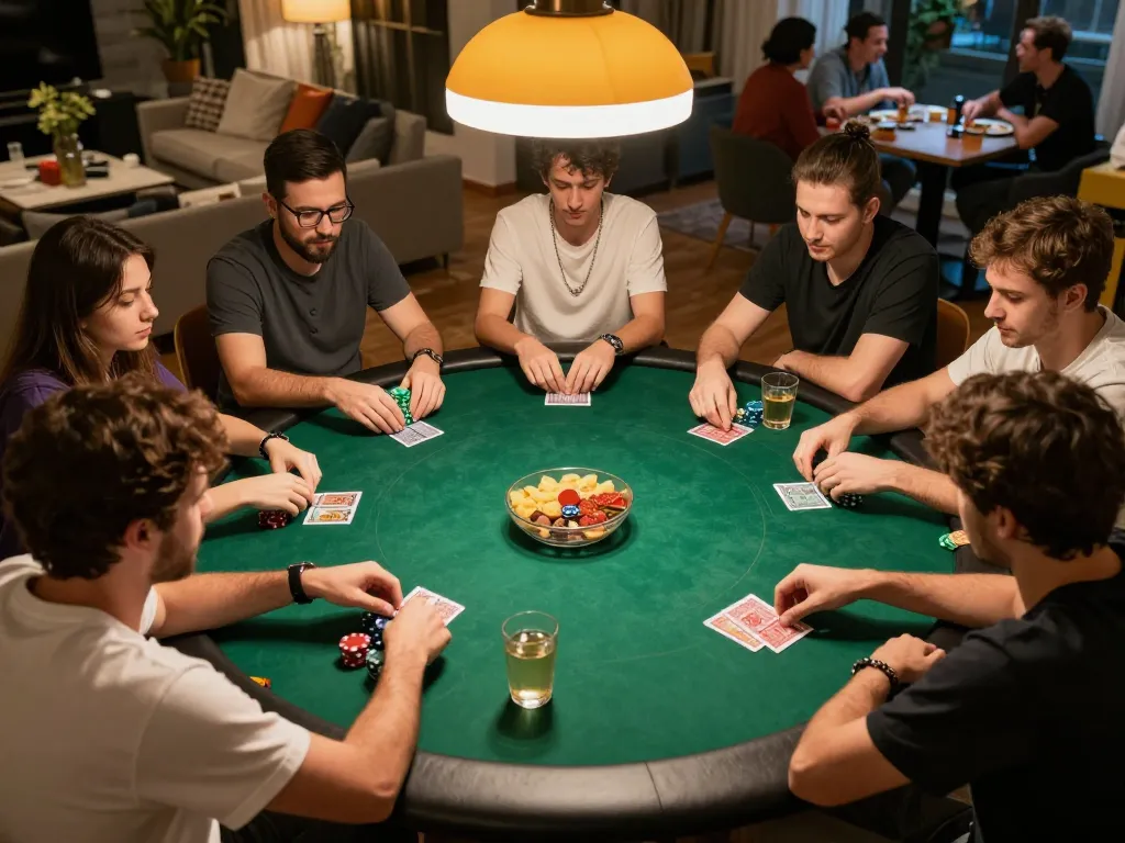Tải sunwin while playing poker at home with friends, showcasing chips and cards on a stylish table