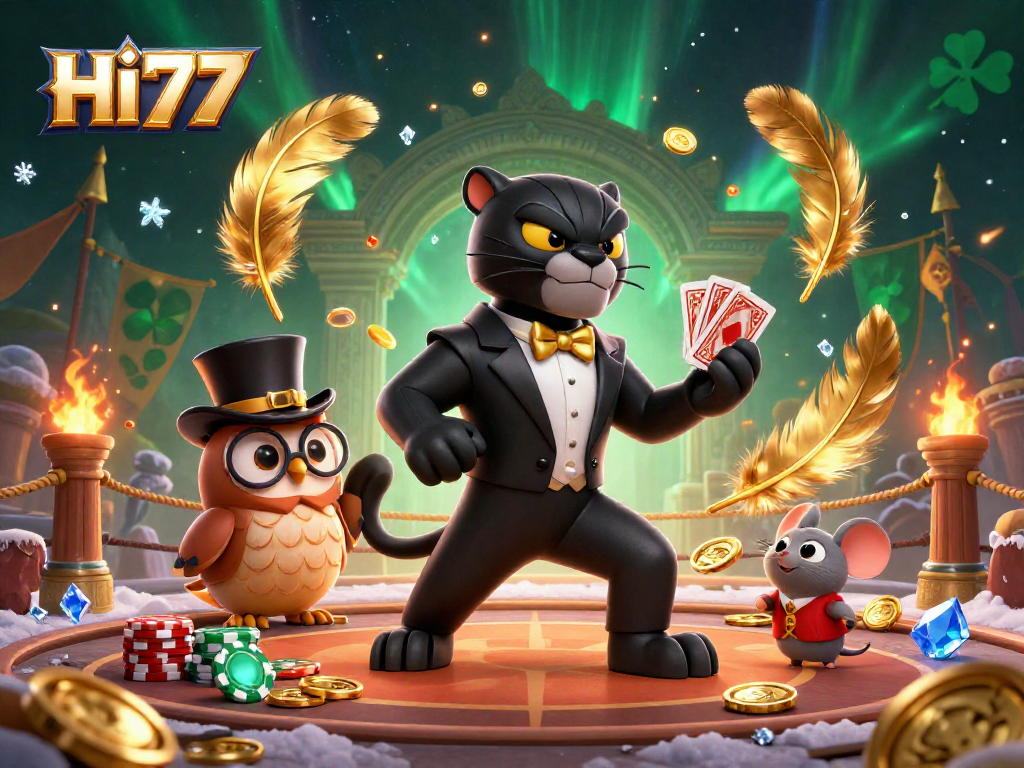 Engage in thrilling HI77 gaming experiences with stylish characters and vibrant casino elements.