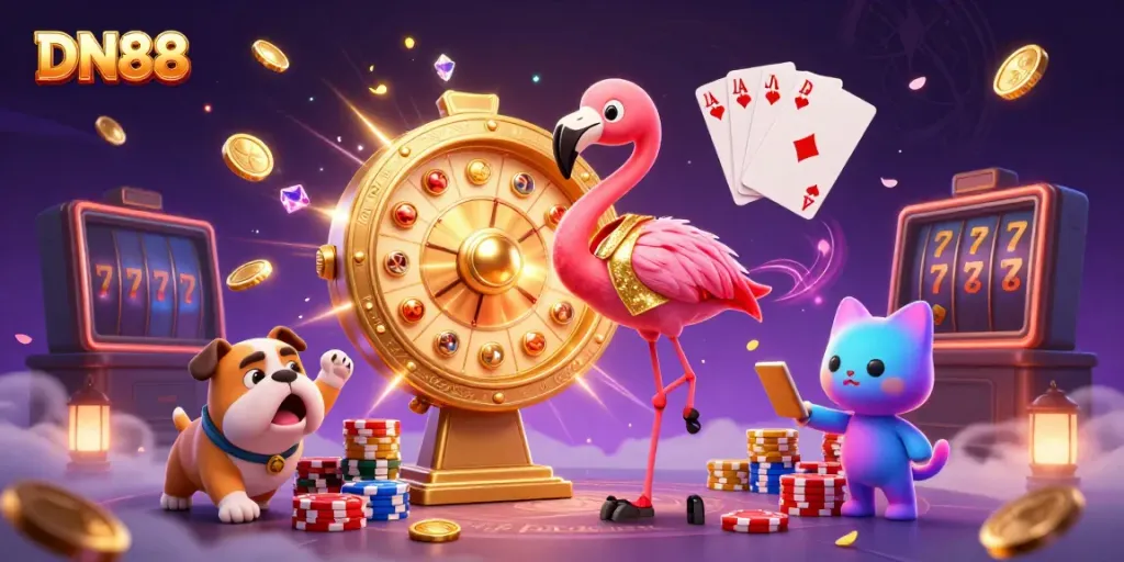 Experience the excitement of DN88 with a dynamic game show scene showcasing games and prizes.
