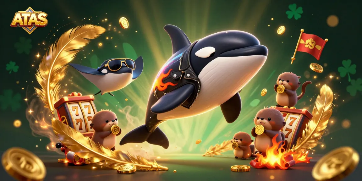 Experience the thrill of ATAS with a vibrant casino scene featuring a playful orca, stingray, and otters winning big!