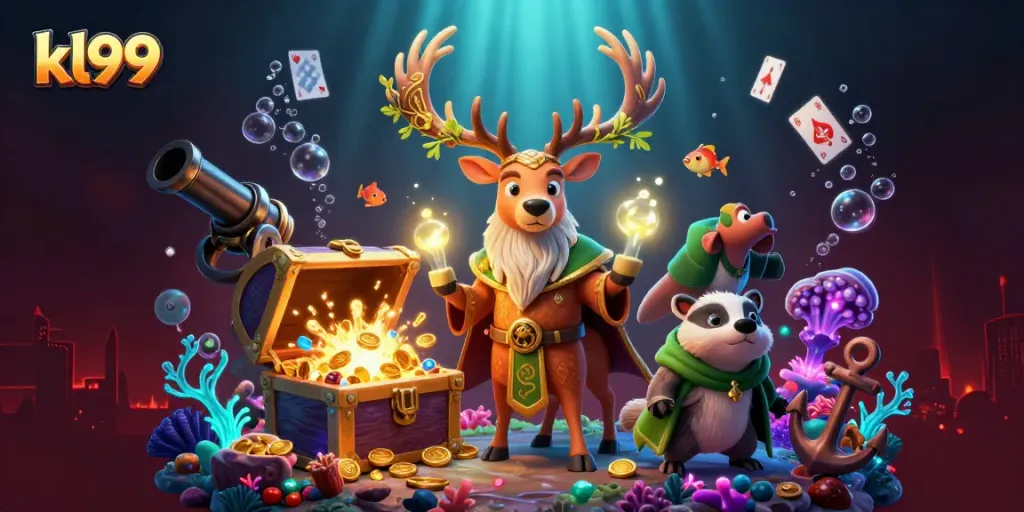 Experience thrilling gameplay at kl99 with a vibrant 3D illustration of fantasy characters and treasure.