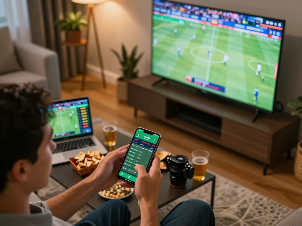 llwin user placing live bets on sports from a smartphone in a vibrant home setting