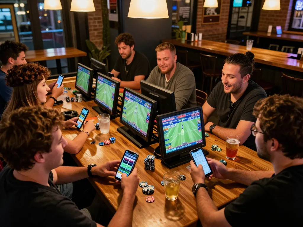 Friends engaging in sports betting with ty le keo nha cai 5 visible on smartphones and screens at a lively bar.