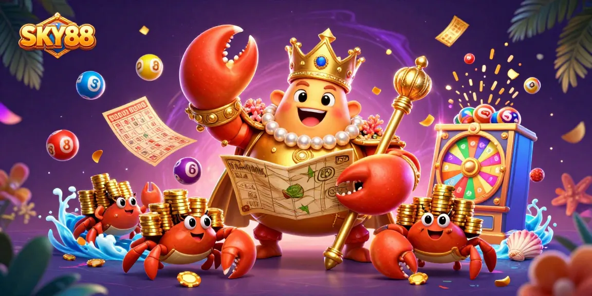 Enjoy SKY88's vibrant casino theme with a golden crab emperor and dynamic gaming elements.