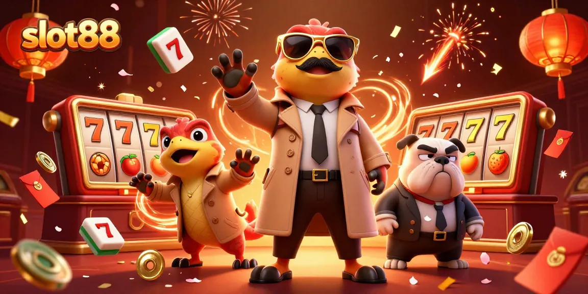 Experience slot88 with raptors in a trench coat at the VIP casino entrance filled with vibrant game elements.
