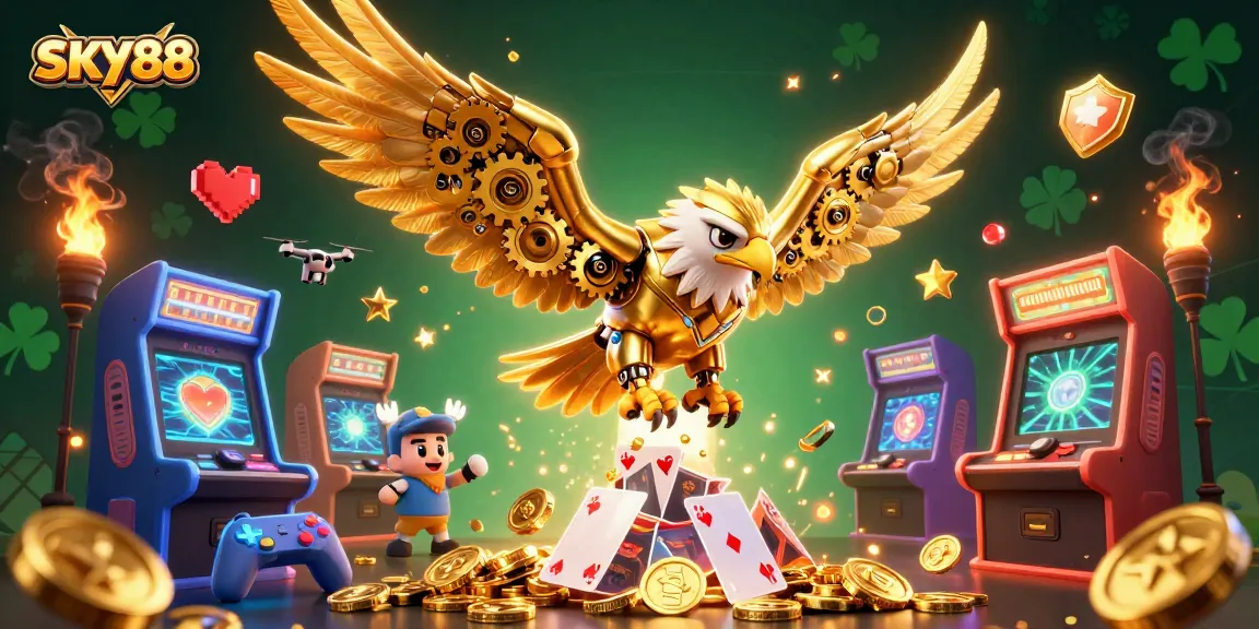 Engage in the thrilling world of SKY88 as a golden eagle dives through holographic cards, amidst vibrant arcade elements.
