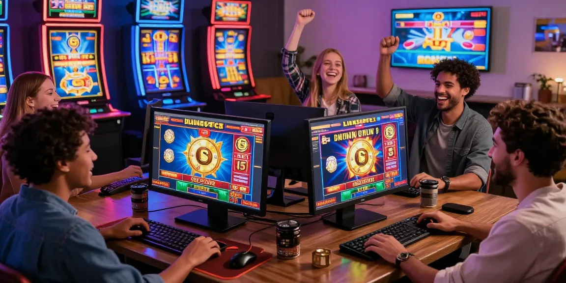 Un gruppo vivace di amici esplora un lista casino online non AAMS, celebrando le vincite mentre interagiscono con colorate slot machine e giochi con croupier dal vivo in un vivace ambiente domestico.