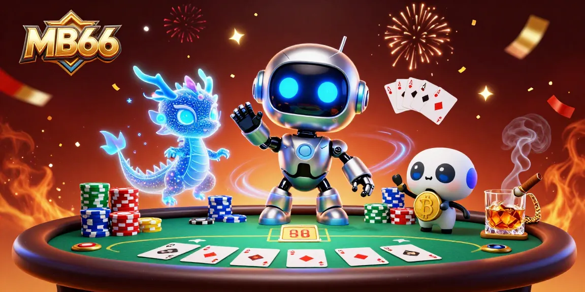 MB66 robot mascot engages in poker at a vibrant casino scene filled with chips and cards.