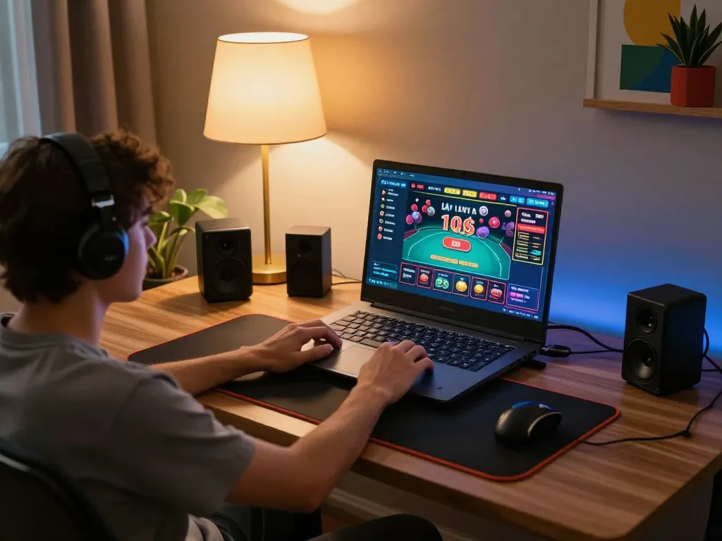 Engaging in online gambling at RR88 with a vibrant home gaming setup.