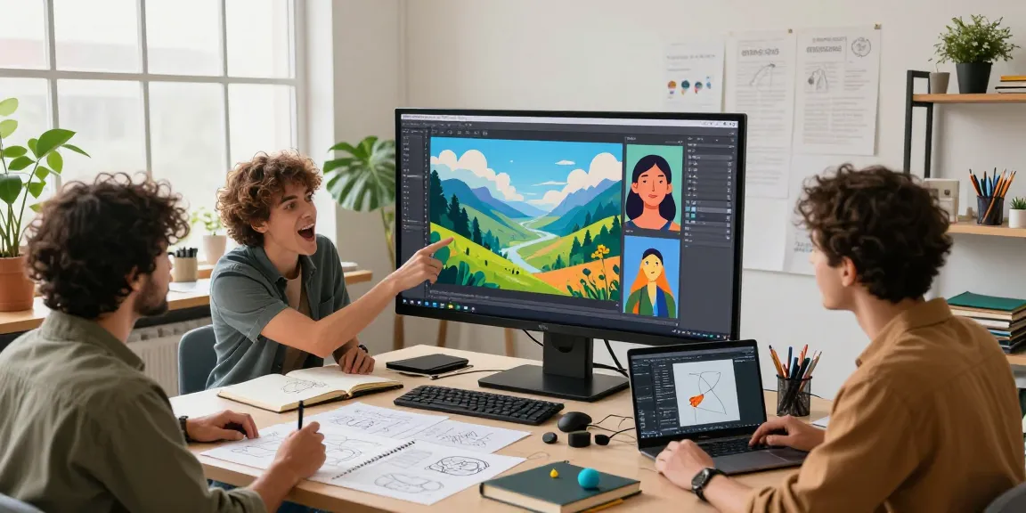 Artists collaborating using nano banana AI image editor in a vibrant creative studio.