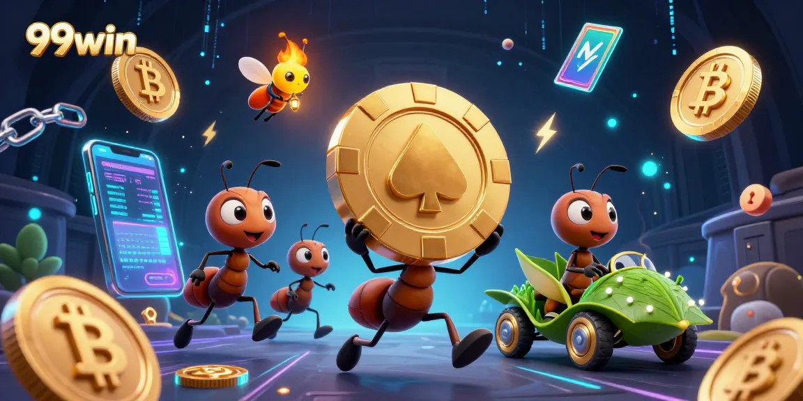 Ants carrying a massive poker chip in a crypto-themed illustration for 99win's gaming adventure.