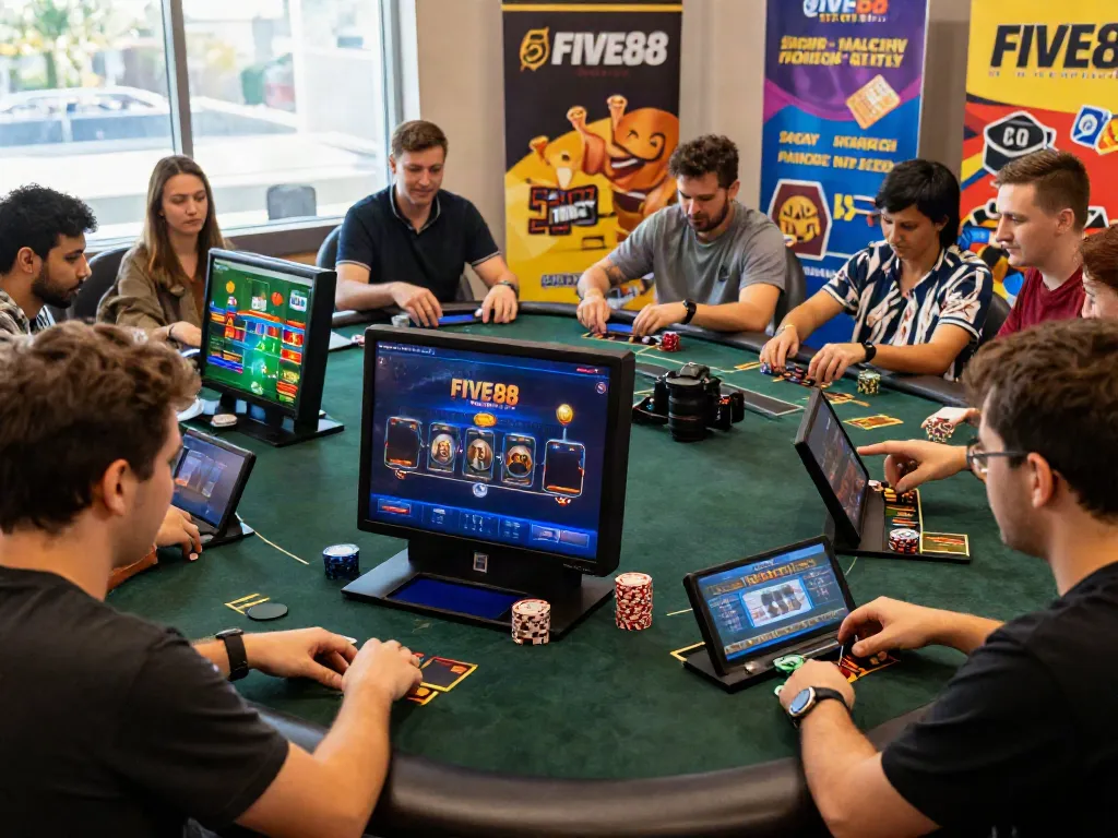 Exciting FIVE88 online gambling scene with players enjoying various games.