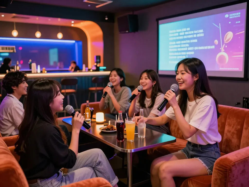 손님들이 3no.org/bupyeong에서 음료와 생동감 넘치는 조명 속에서 활기찬 노래방 분위기를 즐기는 모습.