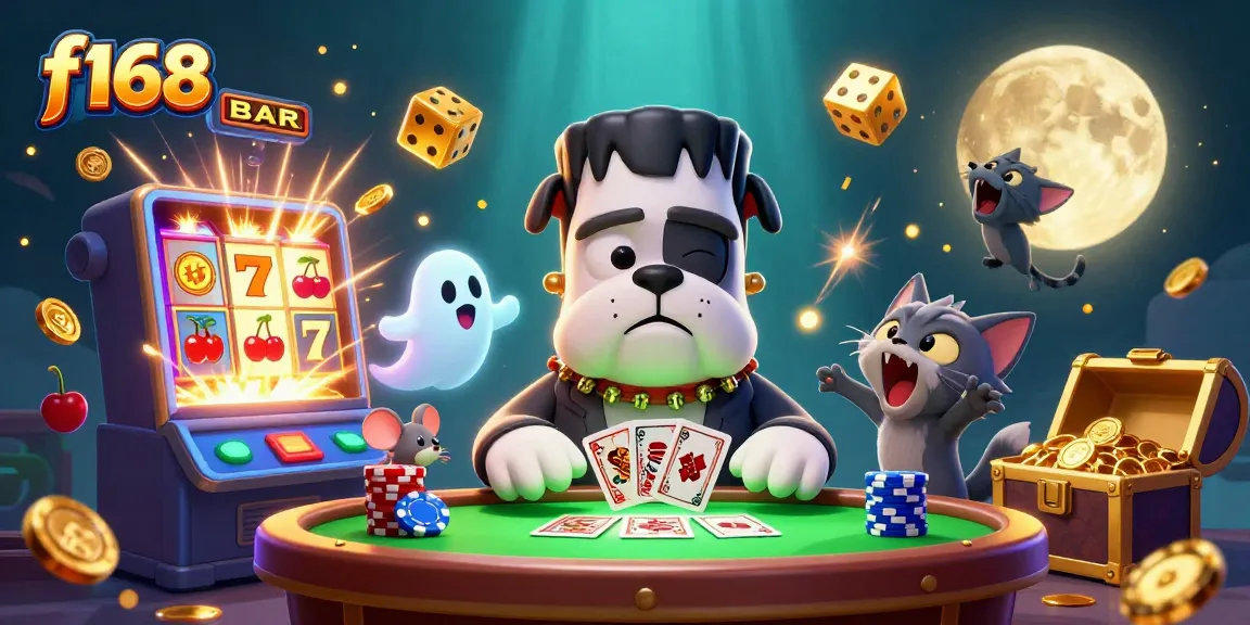 Experience thrilling action at f168 with a spooky deal from a bulldog monster at a vibrant casino table.