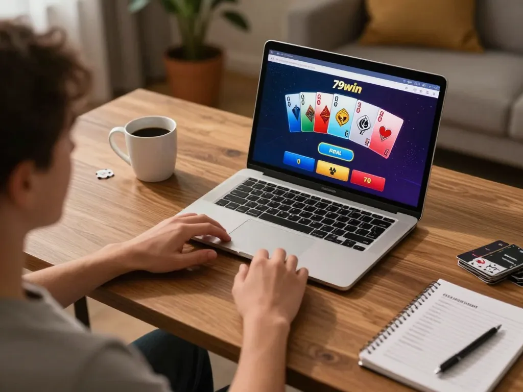 Engaged player enjoying 79win's online poker game at home, showcasing a cozy atmosphere featuring strategy notes.
