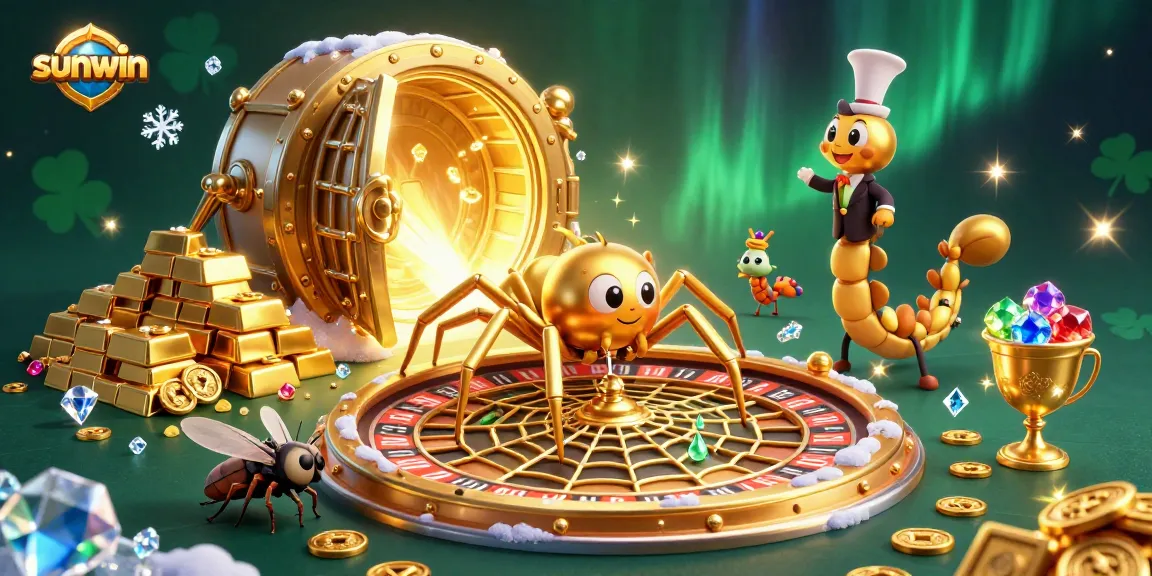 Bet on sunwin with a golden spider spinning a roulette wheel web in a vibrant casino.