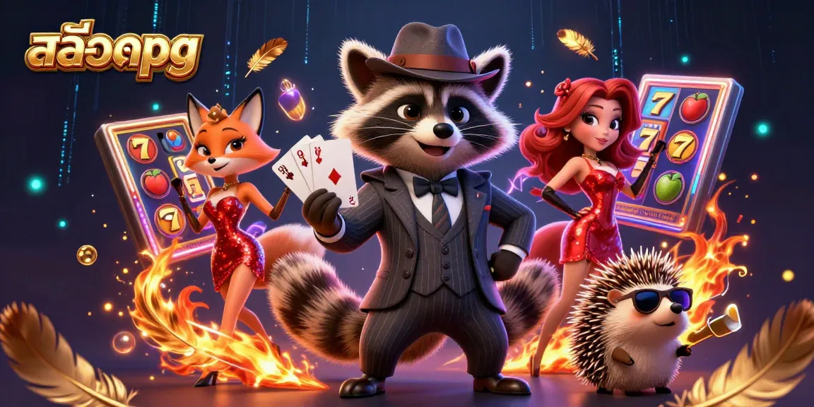 Experience the thrill of สล็อตpg with a suave raccoon and friends enjoying thrilling slots.