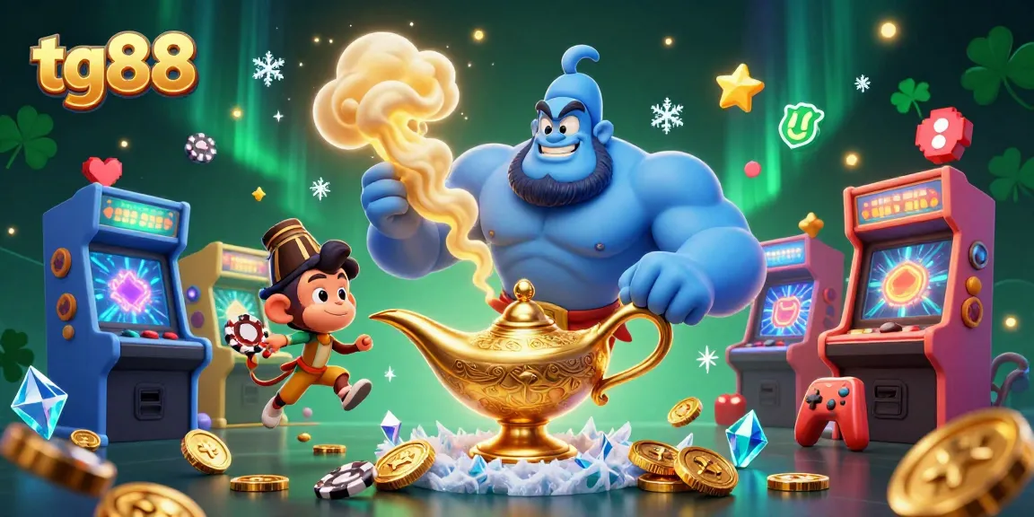 Engage with tg88's thrilling gaming universe featuring a genie, monkey, and vibrant casino elements.