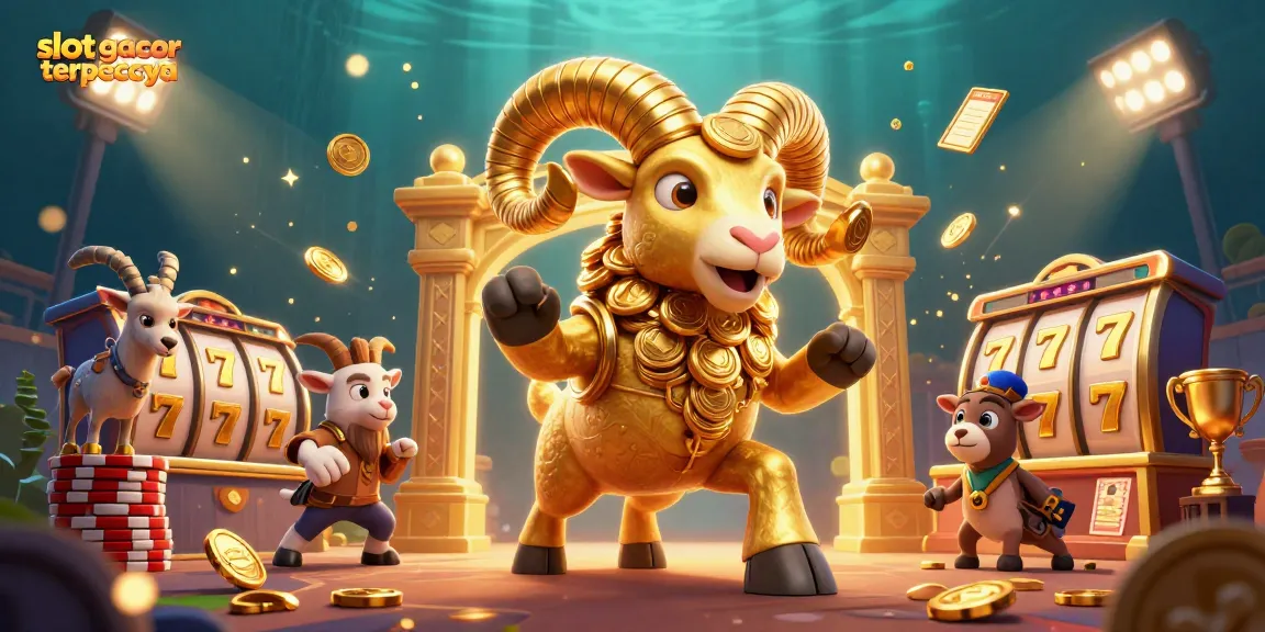 Experience the excitement of slot gacor terpercaya with vibrant illustrations of golden ram charging towards victory amidst dynamic gaming elements.