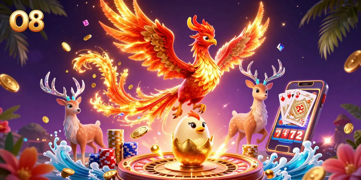 O8 showcases a vibrant online casino scene featuring a blazing phoenix amidst sparkling gems and golden coins.