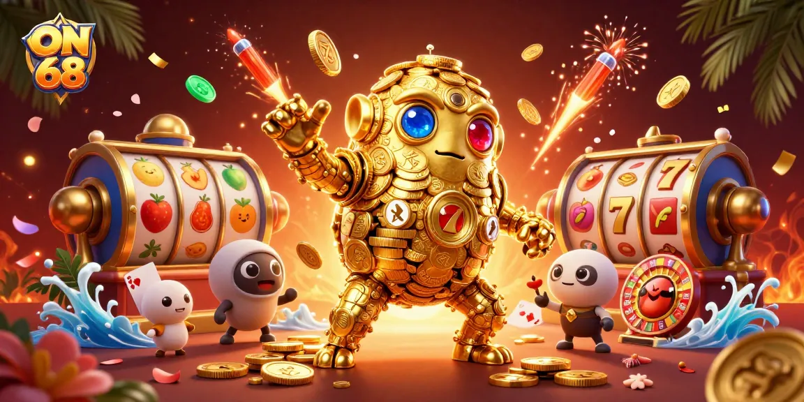 Experience thrilling gameplay with ON 68 at this vibrant, animated casino scene featuring a golden golem.