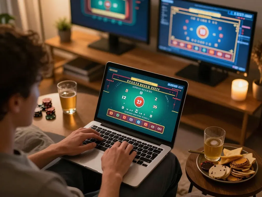 Player engaged in live blackjack on laptop, highlighting vin88lk's interactive online gaming features.