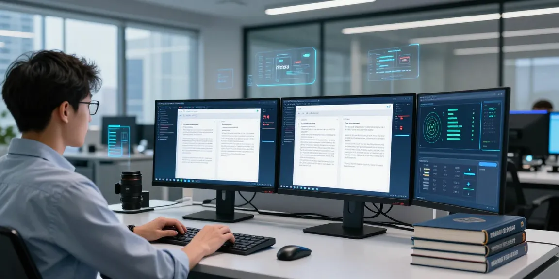 Data analyst detecting fraud in PDF documents with advanced AI technology in a modern office.