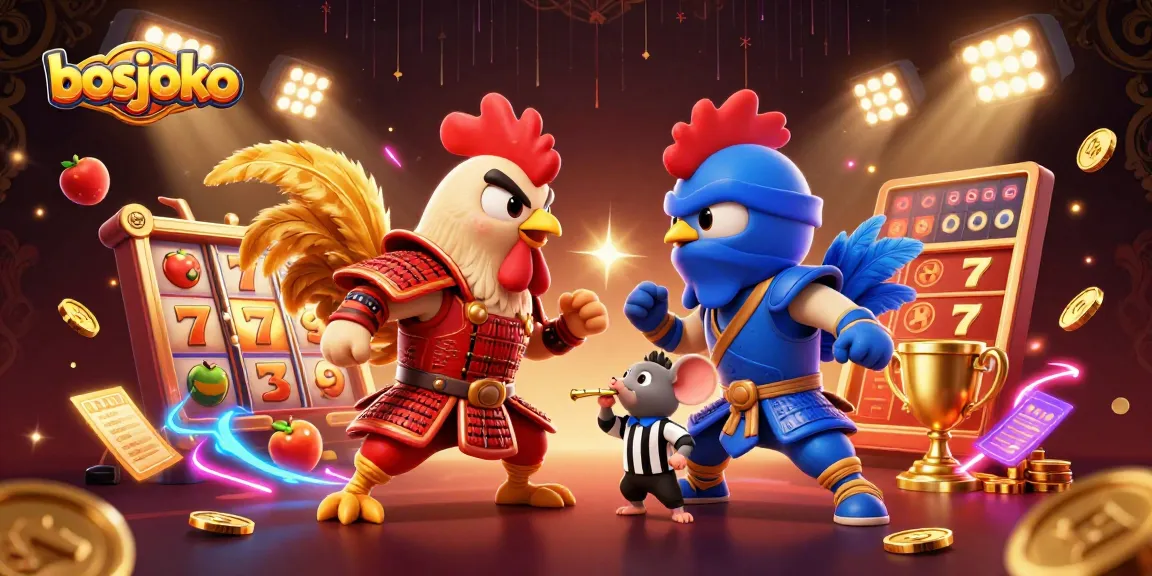 Bosjoko menyajikan duel spektakuler dengan ayam jantan 3D bertarung di arena slot, menghadirkan elemen jackpot dan simbol keberuntungan.