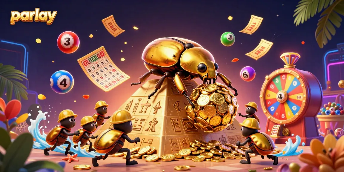 Engage in parlay betting illustrated with golden dung beetles and dynamic lottery elements.