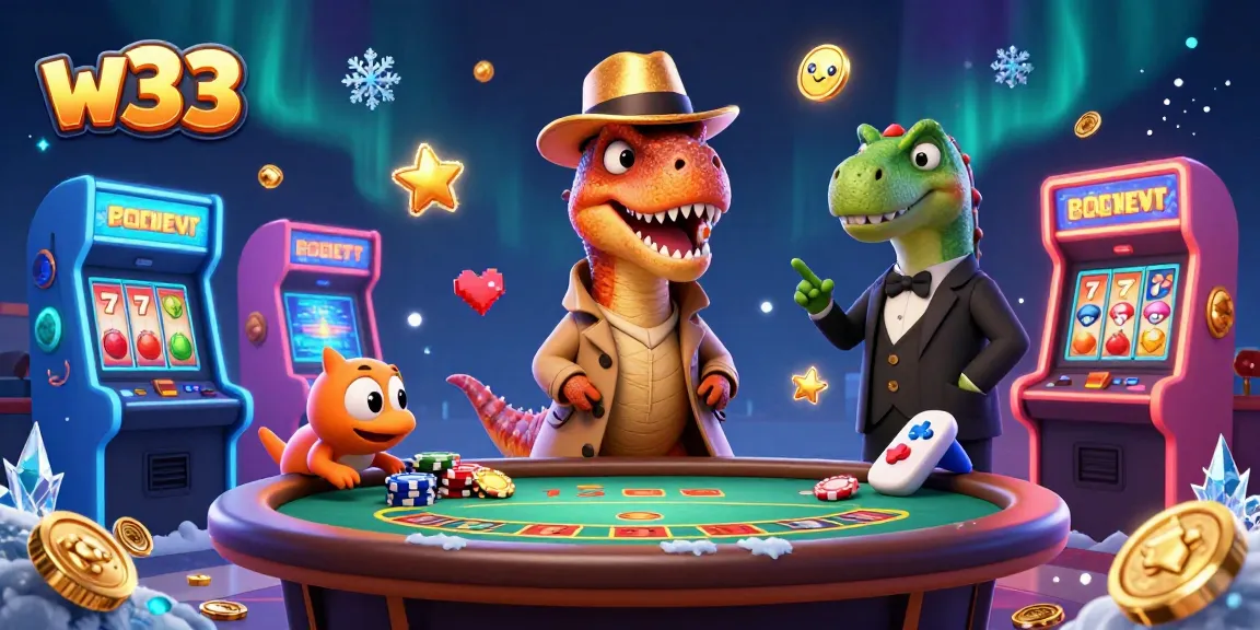 Engage with exciting w33 casino gameplay featuring a velociraptor card counter and vibrant slot machines.