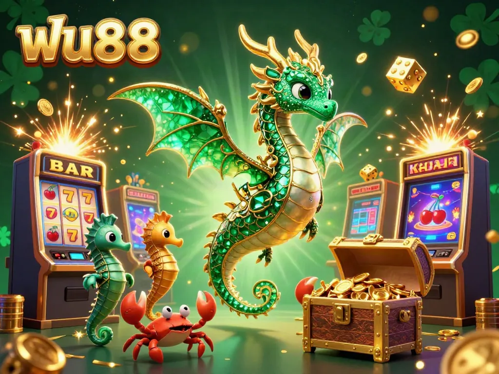 Experience the excitement of ฟัน88 with a vibrant scene featuring an emerald sea dragon, slot machines, and casino elements.