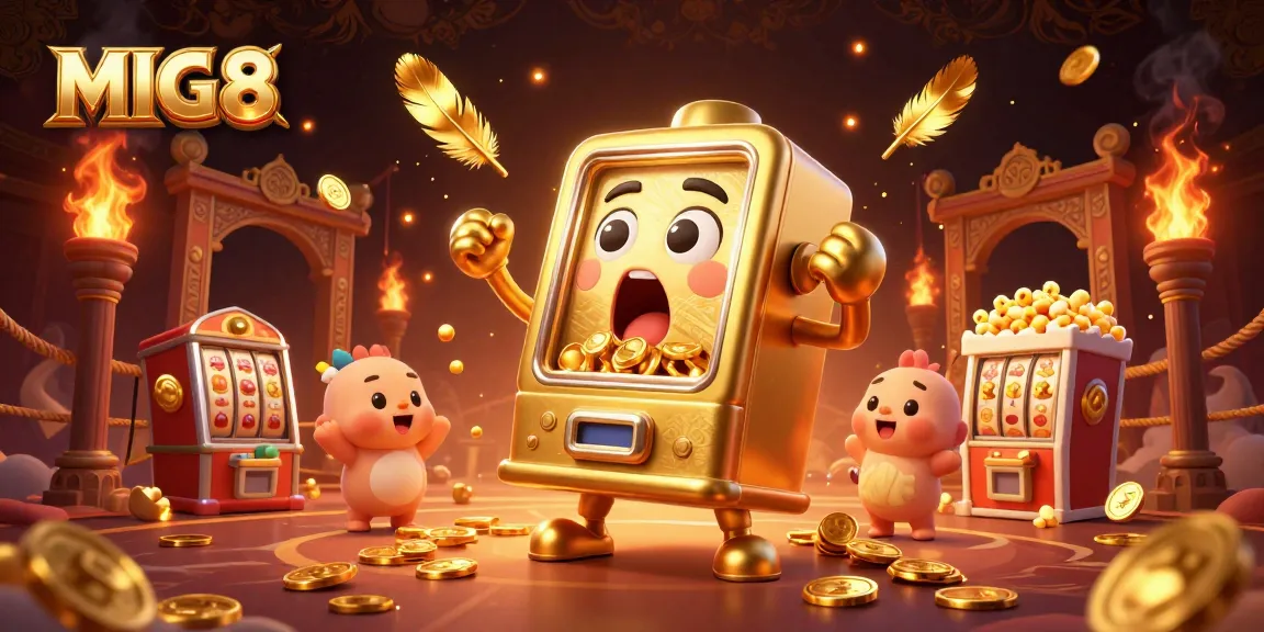 MIG8 celebrates a winning moment with a golden slot machine, coins flowing, capturing the excitement of online gambling.