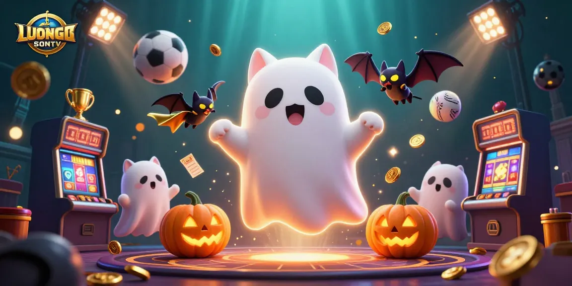 LUONGSONTV enhances your gaming experience with a thrilling ghost cat illustration in a haunted casino.
