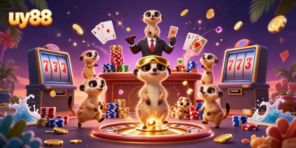 Experience the thrill of uy88 with playful meerkats managing a lively casino scene.