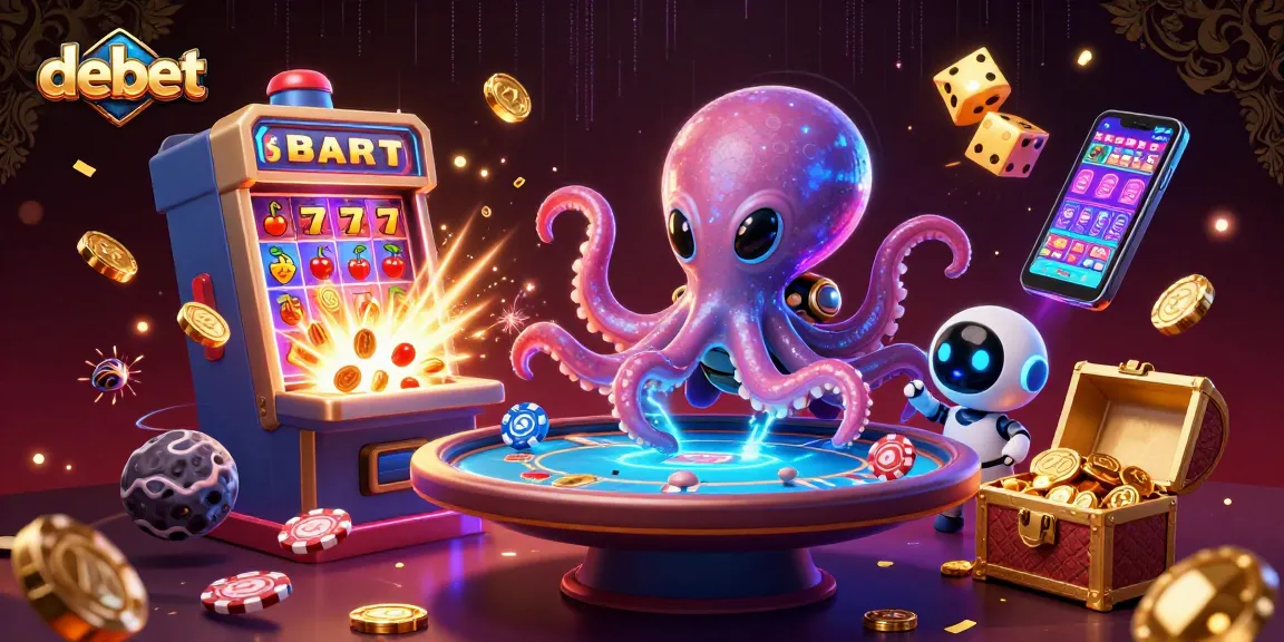 Join the excitement and win with debet at a holographic poker table in an ultramodern casino setting.