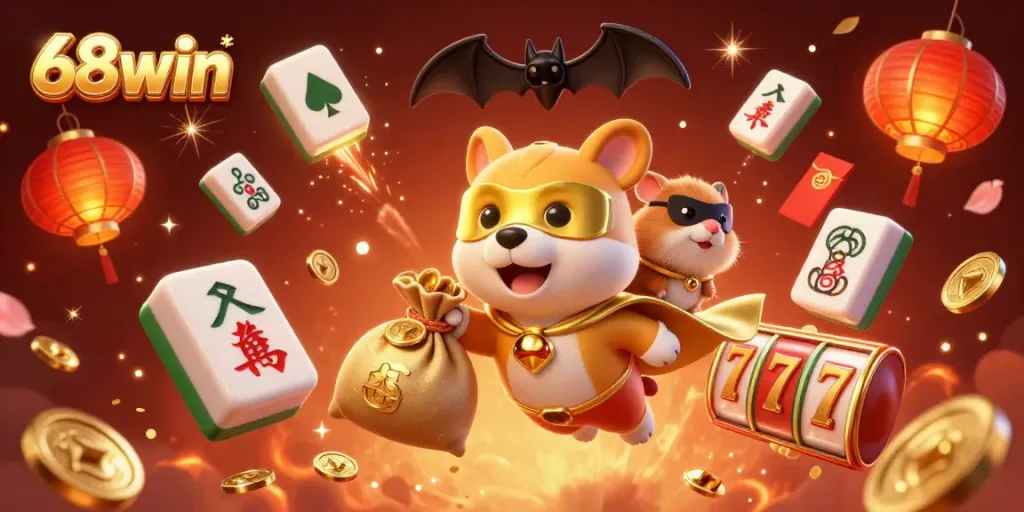 Experience the thrill of 68win with a flying superhero dog and vibrant casino elements.