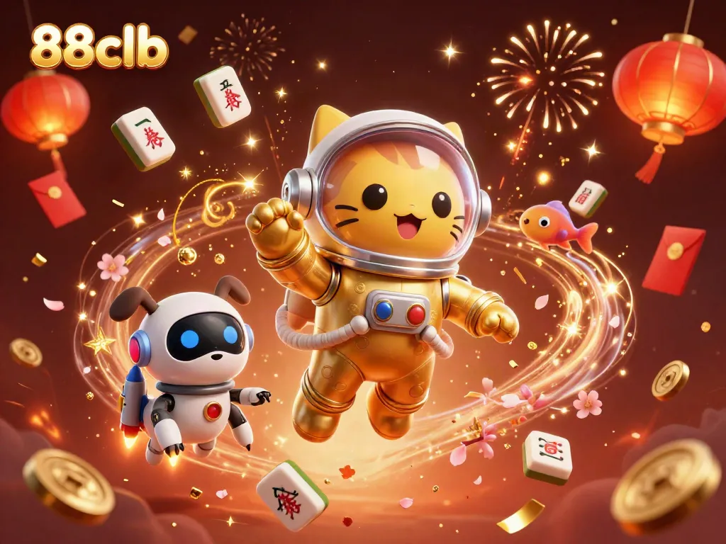 Dynamic 3D illustration showcasing 88clb with a casino-themed space adventure involving creative characters and elements.