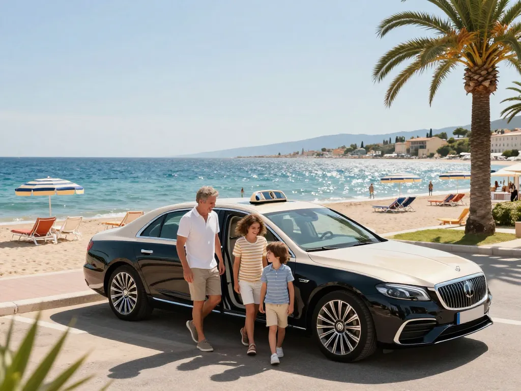 Taxi de luxe à Saint Tropez livrant une famille joyeuse à la plage avec des palmiers et des baigneurs en arrière-plan.