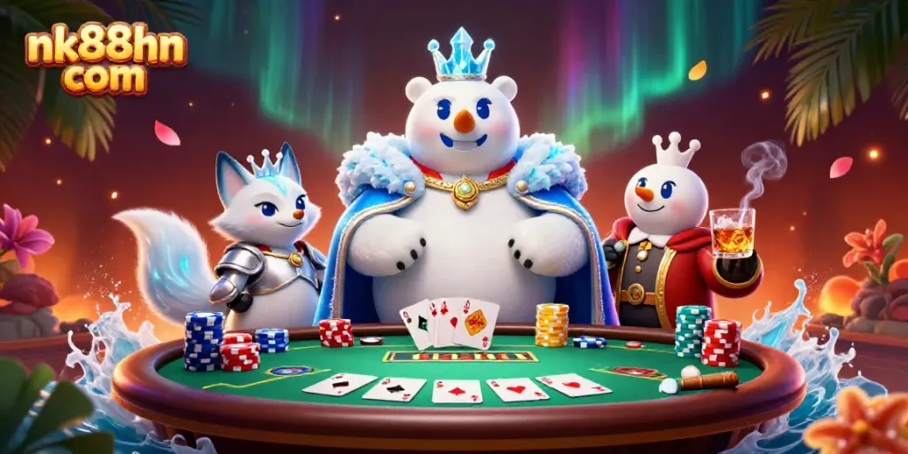 Participate in dynamic gaming at nk88hn com, featuring a vibrant 3D scene with poker elements and enchanting characters.
