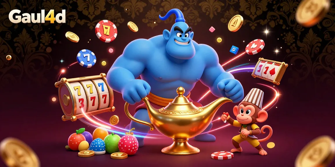 Experience winning with Gaul4d's vibrant 3D gambling scene featuring a genie, monkey, and slot reels.