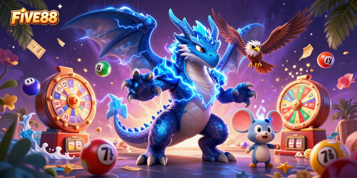 Engage with thrilling FIVE88 casino visuals featuring dynamic lottery and bingo elements.