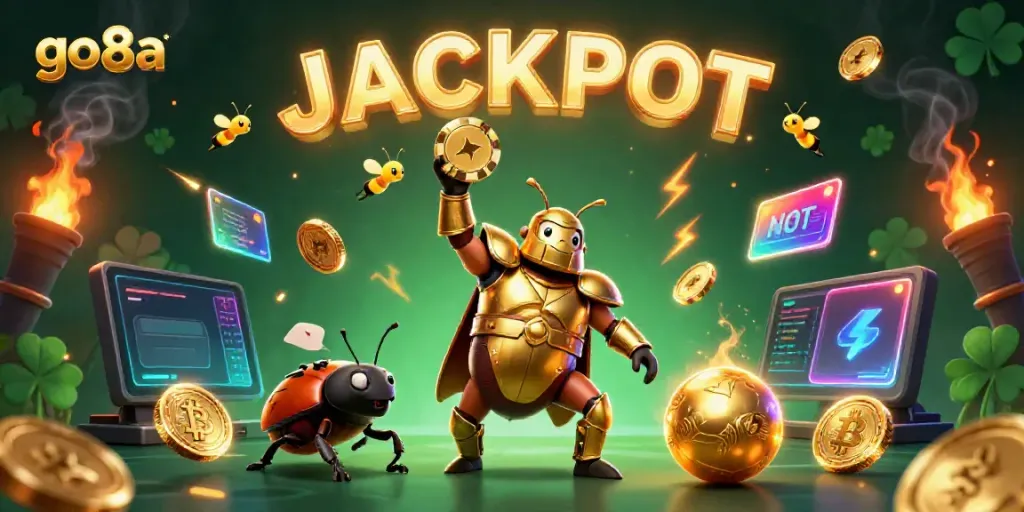 Engage with go8a's exciting gaming experience showcasing a victorious beetle in a dynamic casino illustration.