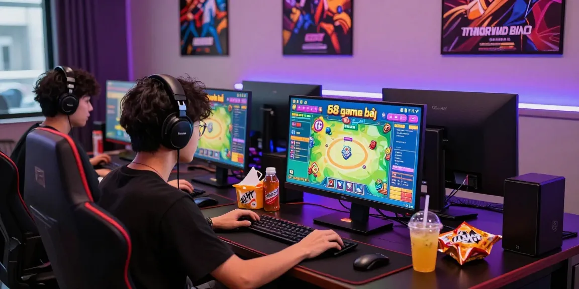 Pemain yang terlibat dalam permainan '68 game bài' di ruang gaming modern dengan berbagai layar dan suasana menyenangkan