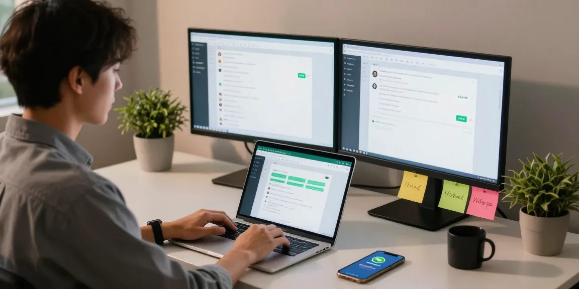 Professional using WhatsApp網頁版 on a laptop in a modern home office